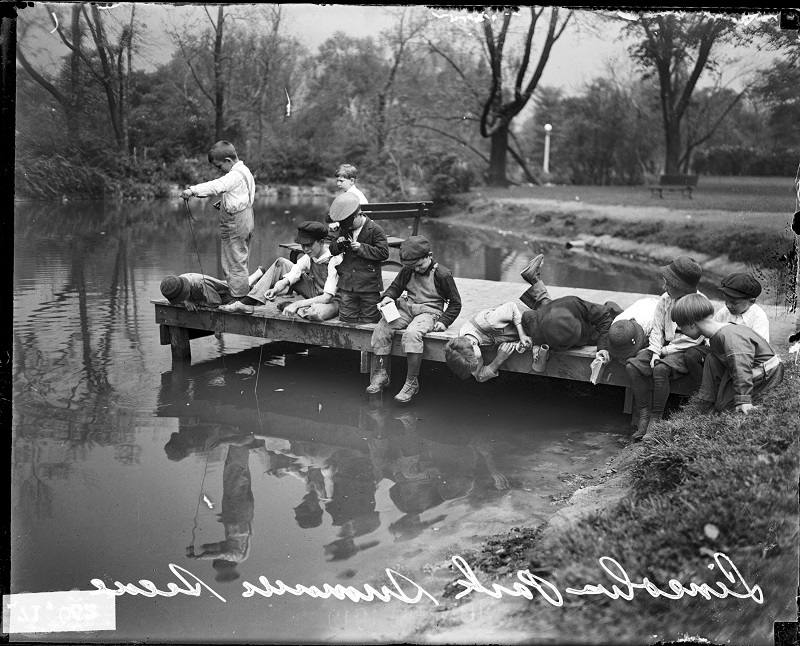 Young boys playing on a dock during summer in Lincoln Park. Image of young boys playing on a dock during the summer in Lincoln Park in the Lincoln Park community area of Chicago, Illinois. Source: DN-0071062, Chicago Daily News negatives collection, Chicago Historical Society. Date: 1919.
