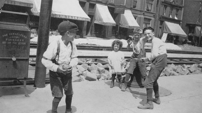 Chicago Commons Association, children playing ball in street. Description: Chicago Commons Association, children playing ball in street; Chicago, IL. Source: ICHi-18398. Chicago History Museum. Reproduction of photographic print, photographer unknown. Date: n.d.