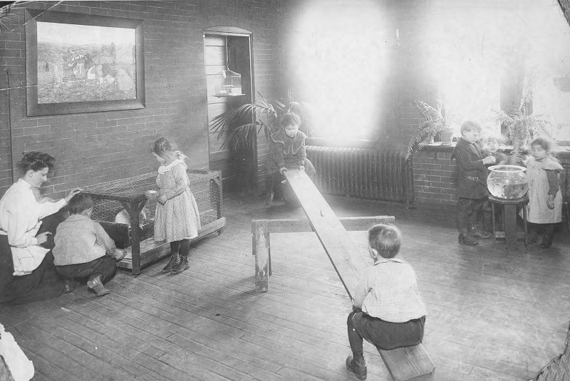 Children playing in a nursery. Description: Children playing in a nursery; Chicago, IL. Source: ICHi-52104. Chicago History Museum. Reproduction of photographic print, photographer unknown. Date: unknown.
