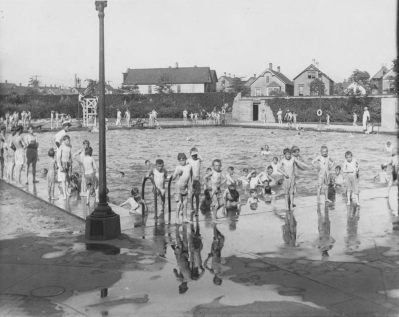 Mrs. Kozlouski kid + Bessemer Park swimming. Description: Mrs. Kozlouski kid + Bessemer Park swimming; Chicago, IL. Source: ICHi-52126. Chicago History Museum. Reproduction of photographic print, photographer unknown. Date: 1910.