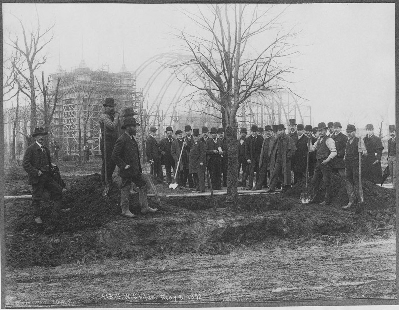 People with shovels breaking ground for Columbian Exposition construction. Description: People with shovels breaking ground for Columbian Exposition construction; Chicago, IL. Source: ICHi-17514. Chicago History Museum. Reproduction of photographic print, photographer unknown. Date: early 1890s.