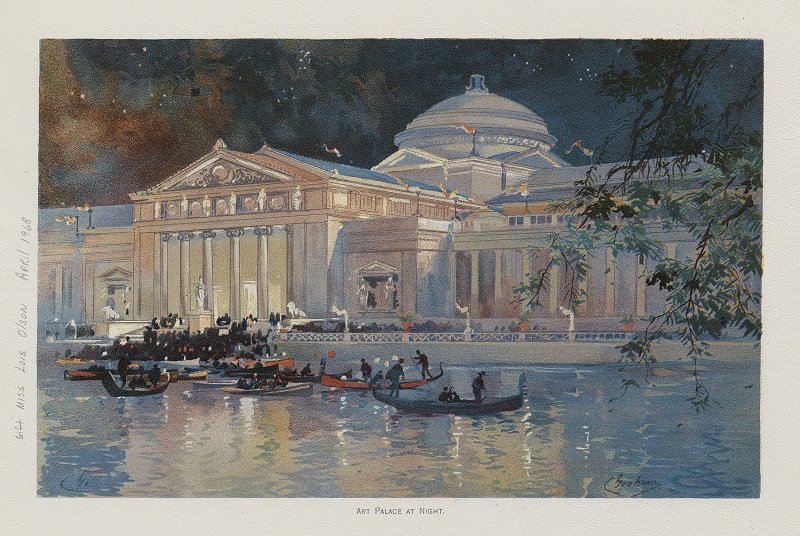 Art Palace at night. Description: Art Palace at night; Chicago, IL. Source: ICHi-52338. Chicago History Museum. Reproduction of illustration, artist - C. Graham. Date: 1893.