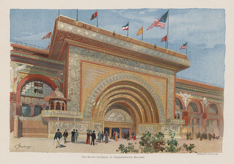 The gilded entrance to transportation building. Description: The gilded entrance to transportation building; Chicago, IL. Source: ICHi-52341. Chicago History Museum. Reproduction of illustration, artist C. Graham. Date: 1893.