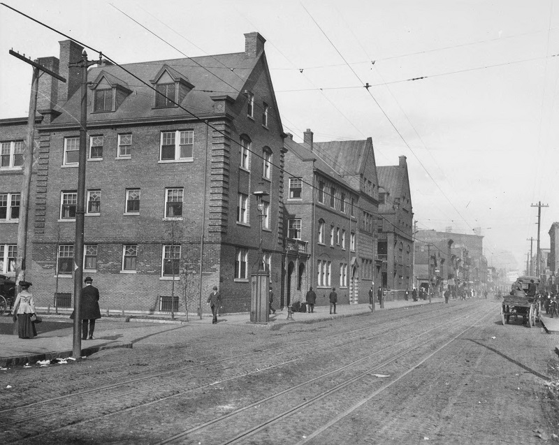 Hull House, Halsted Street and Polk Street. Description: Hull House, Halsted Street and Polk Street; Chicago, IL. Source: ICHi-20975. Chicago History Museum. Reproduction of photograph, photographer unknown. Date: ca. 1910.