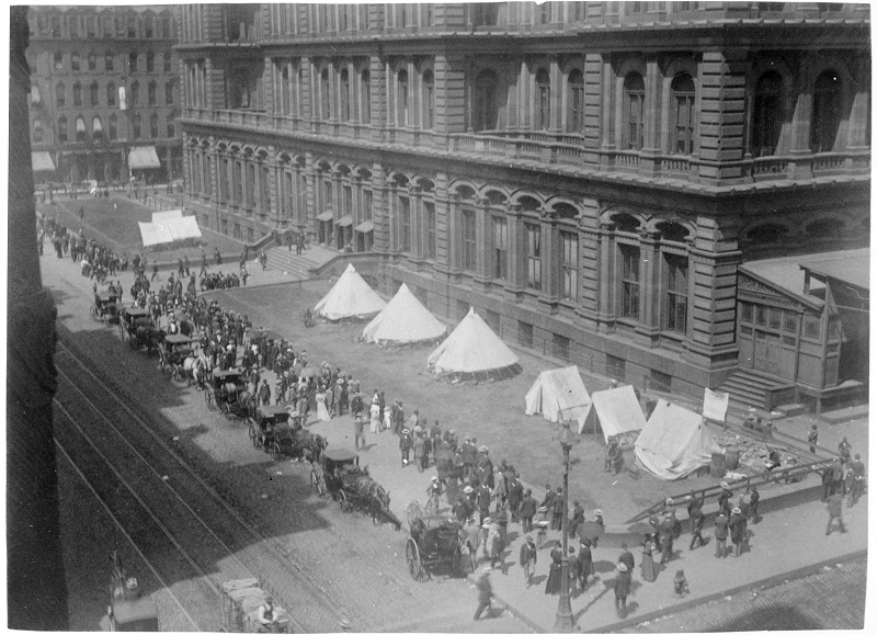 Troops camped by Court House, Railroad Strike of 1894. Description: Troops camped by Court House, Railroad Strike of 1894, Chicago, IL. Source: ICHi-22888. Reproduction of photographic print, photographer unknown. Date: 1894.