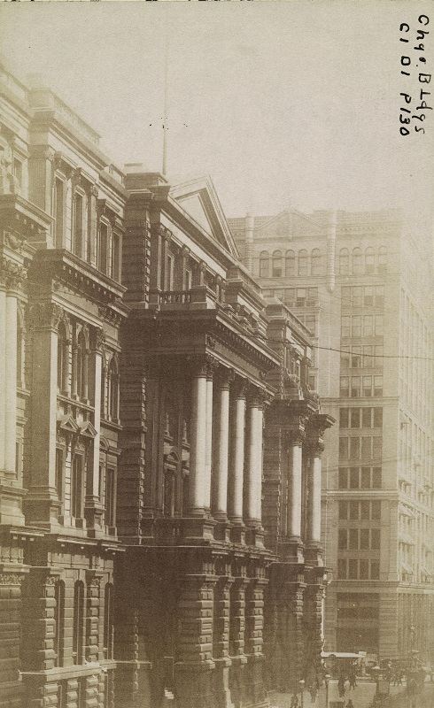 View of LaSalle Street entrance of City Hall. Description: View of LaSalle Street entrance of City Hall, Chicago, IL. Source: ICHi-52231. Reproduction of photographic print, photographer J. W. Taylor. Date: about 1900.