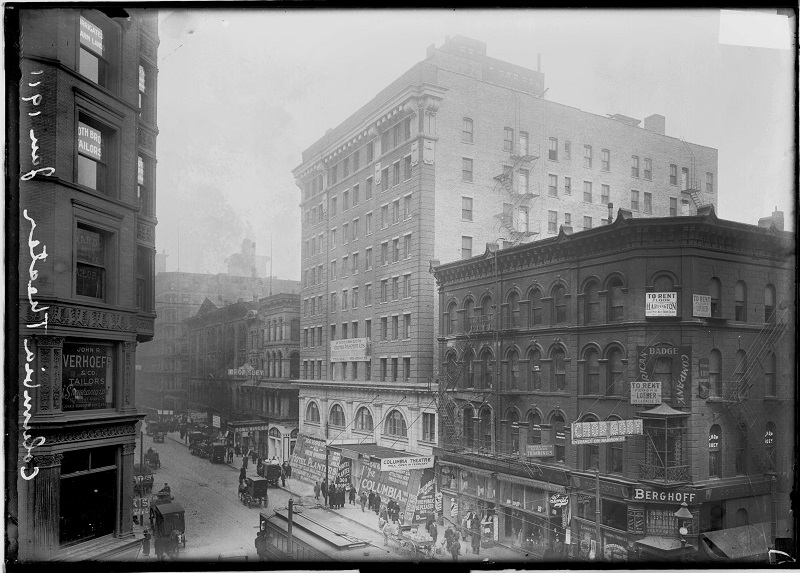 Columbia Theater at 11 North Clark Street, showing the Berghoff Restaurant to the right and the Harding Hotel to the left, text on the image reads: Columbia Theater June 1911. Exterior view of the Columbia Theater at 11 North Clark Street in the Loop community area of Chicago, Illinois. This image also shows the Berghoff Restaurant at 1 North Clark Street to the right and the Harding Hotel at 19 North Clark Street to the left. Text on the negative reads: Columbia Theater June 1911. Source: DN-0008950, Chicago Daily News negatives collection, Chicago History Museum. Date: 1911.