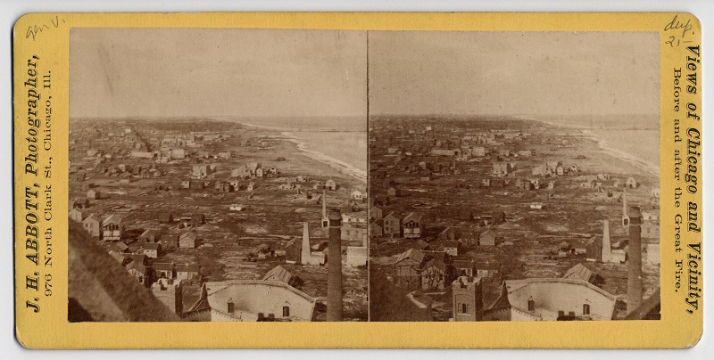 View north from the Water Tower after the Chicago Fire of 1871. Description: View north from the Water Tower after the Chicago Fire of 1871, Chicago, IL. Source: ICHi-34524. Chicago History Museum. Reproduction of stereograph, photographer J. H. Abbott. Date: 1871.