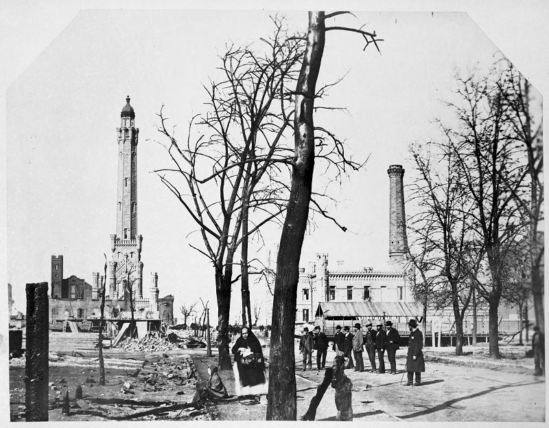 Water Tower and waterworks after the Fire of 1871. Description: Water Tower and waterworks after the Fire of 1871, Chicago, IL. Source: ICHi-02792. Chicago History Museum. Reproduction of photograph, photographer unknown. Date: 1871.