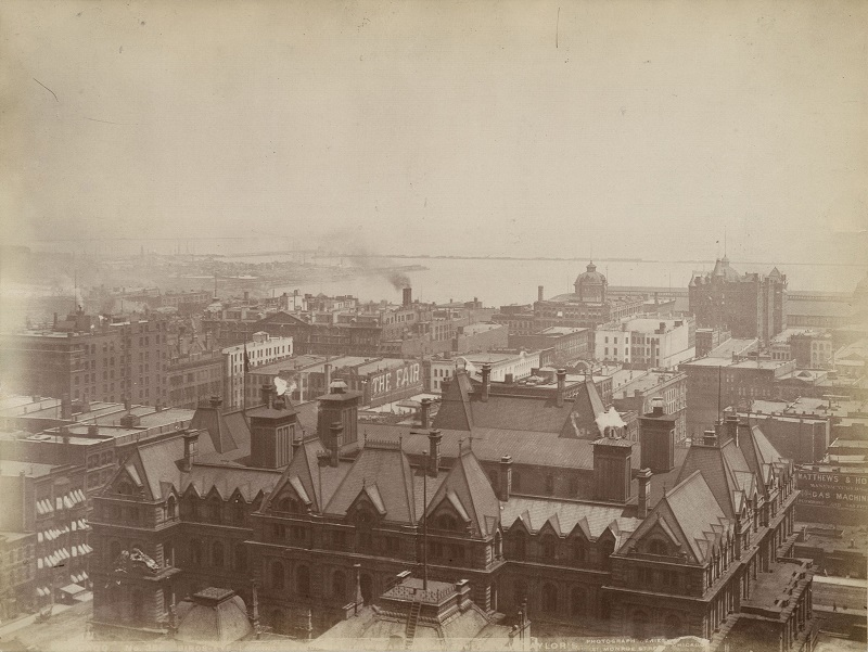 View from Board of Trade Tower in late 1880's. Description: View from Board of Trade Tower in late 1880's, Chicago, IL. Source: ICHi-50750. Reproduction of photographic print, photographer unknown. Date: 1880's.