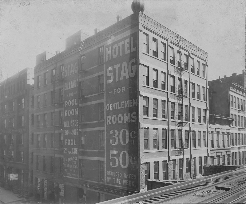 Van Buren and Plymouth northeast corner after Chicago Fire. Description: Van Buren and Plymouth northeast corner after Chicago Fire, Chicago, IL. Source: ICHi-52119. Chicago History Museum. Reproduction of photographic print, photographer unknown. Date: after 1871.